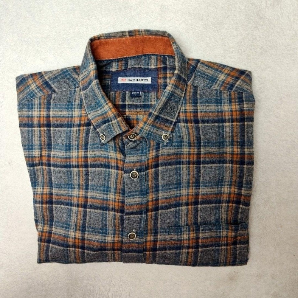 32 Bar Blues Shirt Mens‎ L Gray Plaid Button-Up Flannel Long Sleeve Cotton Work